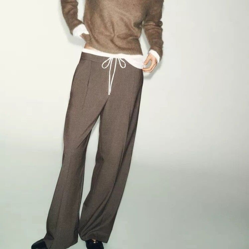 Zara Double Waistband Wide-Leg Pants Mocha XS Quiet Luxury Clean Girl Y2K